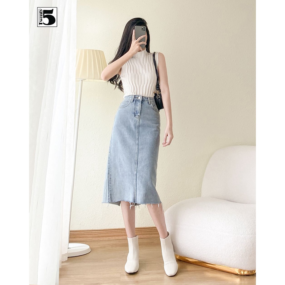 Chân váy jeans midi dáng dài gấu cắt tua rua xẻ sau phong cách Hàn Quốc Twentyfive 4109
