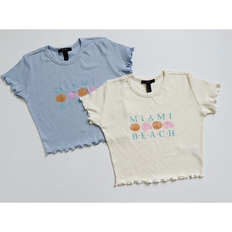 Áo croptop ôm xoăn lai thun bo gân in Miami Beach, 2 màu