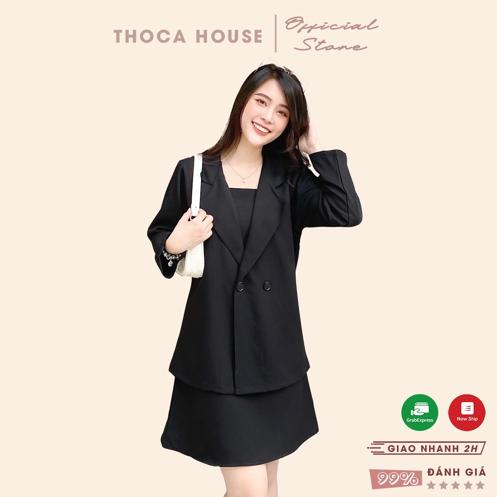 Set đầm hai dây nơ phối áo khoác vest đen THOCA HOUSE có thể tách rời, style thời thượng sang trọng để đi tiệc, đi ăn