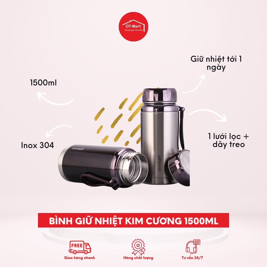Bình Giữ Nhiệt Inox nóng lạnh 1500 ML , bình giữ nhiệt kim cương hàng cao cấp