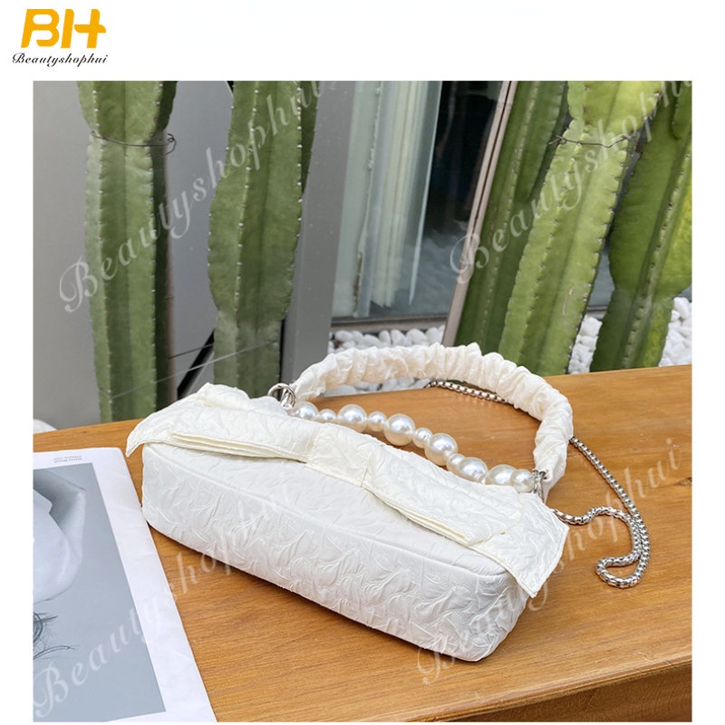 Túi Đeo Chéo Xếp Ly Đính Nơ Ngọc Trai Thời Trang Cho Nữ