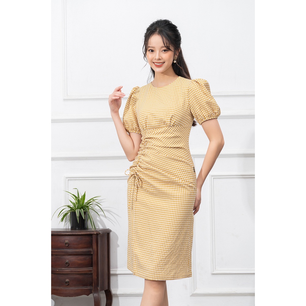 Váy Công Sở Thiết Kế LUPERI Cổ Tròn Thanh Lịch, Eo Cách Điệu, Chất Kẻ Hàn Cao Cấp LFV3275