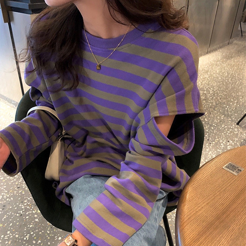 Jiashucheng Áo Thun Nữ Dài Tay Hở Vai Họa Tiết Sọc Ngang Phong Cách Mới