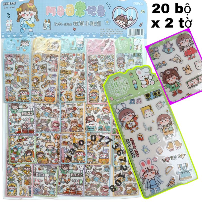 Vỉ 20 Bộ Sticker 3D hình dán tuổi teen ngỗ nghĩnh đáng yêu , anime và chibi