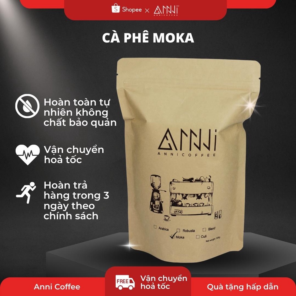Cà phê Moka nguyên chất 100% rang mộc vị đắng nhẹ, chua thanh, hậu ngọt hương trái cây gói 500g Anni Coffee