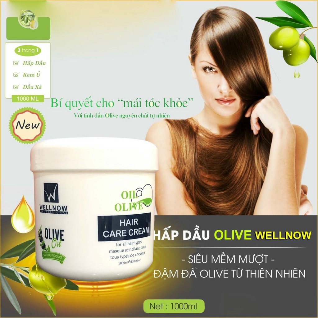 (TẶNG NÓN TRÙM)HẤP DẦU SIÊU MỀM MƯỢT OLIVE WELLNOW 1000ml