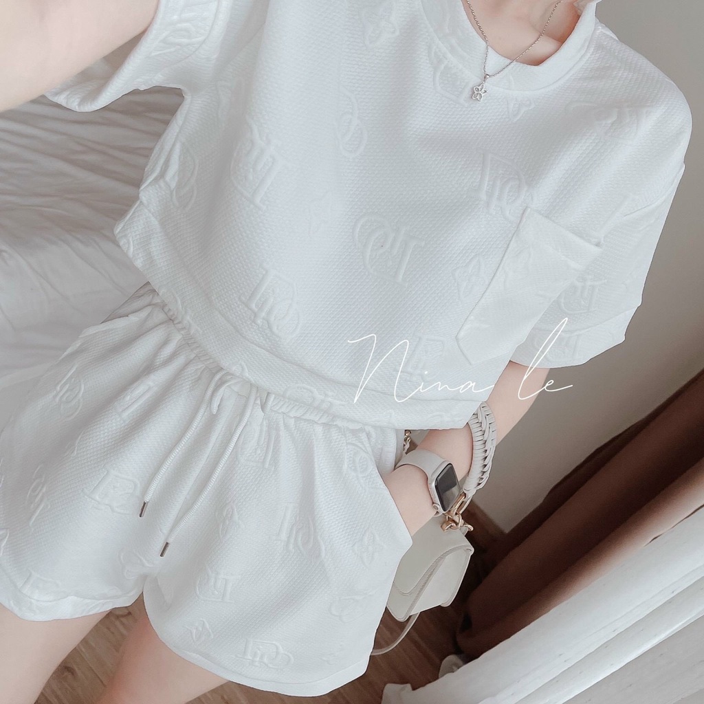 [11.11 Sale Freeship] Set thời trang nữ mặc đi chơi ,set dạ cổ tròn tay ngắn túi ngực in chữ nổi mix quần đùi có túi dx