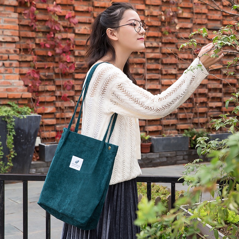 Túi Xách Tay / Đeo Vai Bằng Vải Nhung Kẻ Màu Trơn Sức Chứa Lớn Có Thể Tái Sử Dụng Thời Trang Cho Nữ