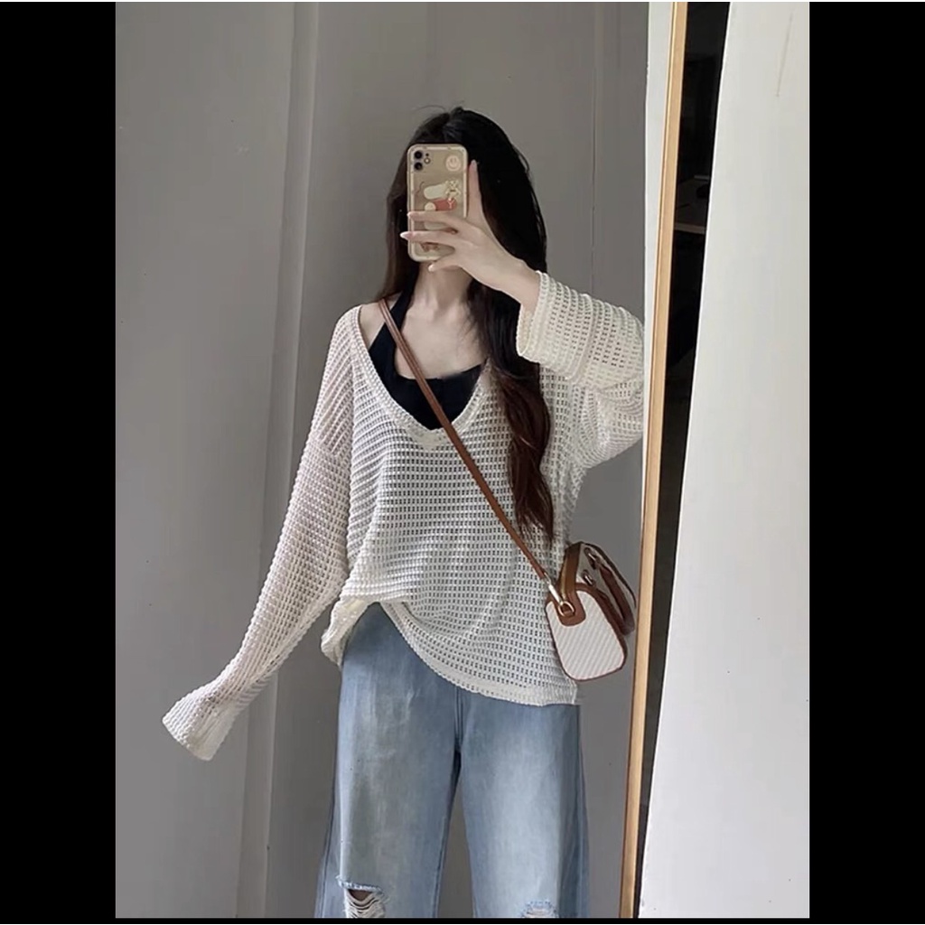 Set Hai Món Áo Bra Cổ Yếm Phối áo lưới dài tay - Hana46