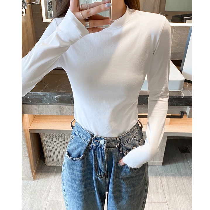 Áo croptop dài tay nữ MACDOME cổ cao giữ nhiệt ấm kiểu ôm body tank top vải cotton co giãn tốt AG004