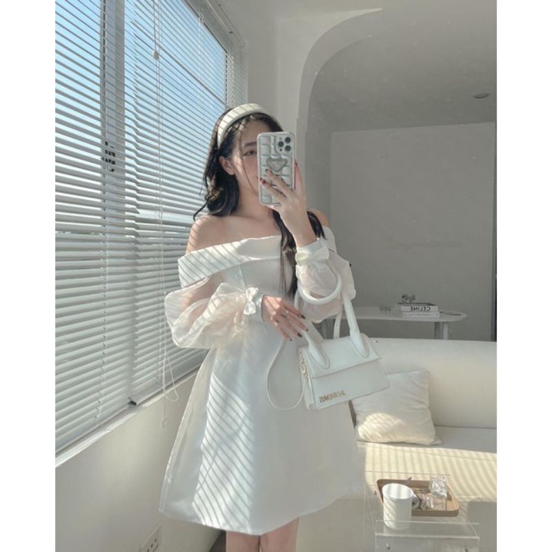 ❤❤Váy xòe trễ vai tay tơ nơ bánh bèo💯💯