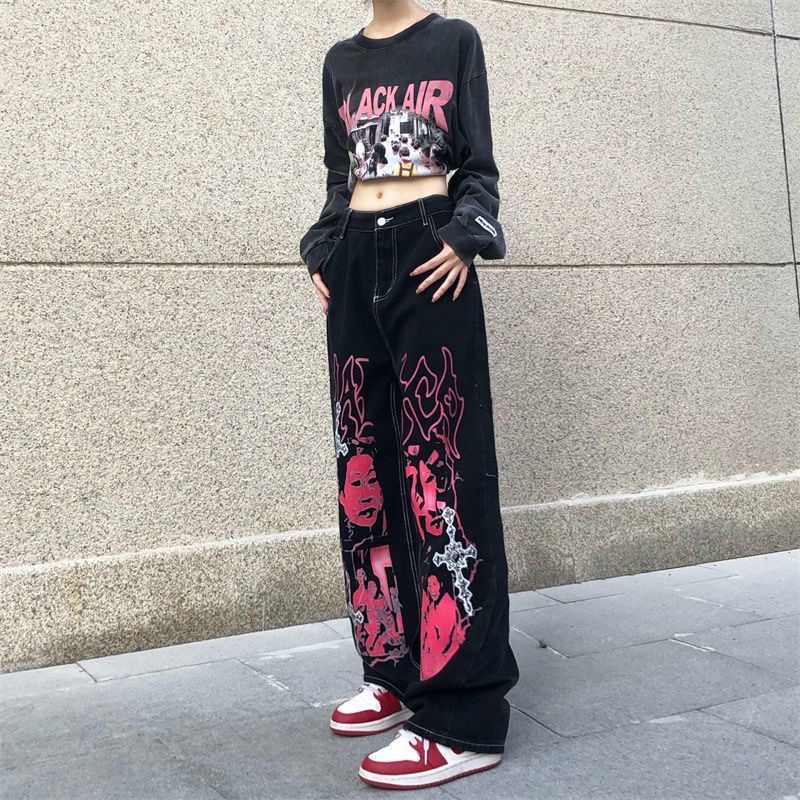 Quần jeans MMIOT Y2K ống suông dáng rộng lưng cao in họa tiết phong cách hip hop Mỹ cổ điển thời trang 2023 cho nữ