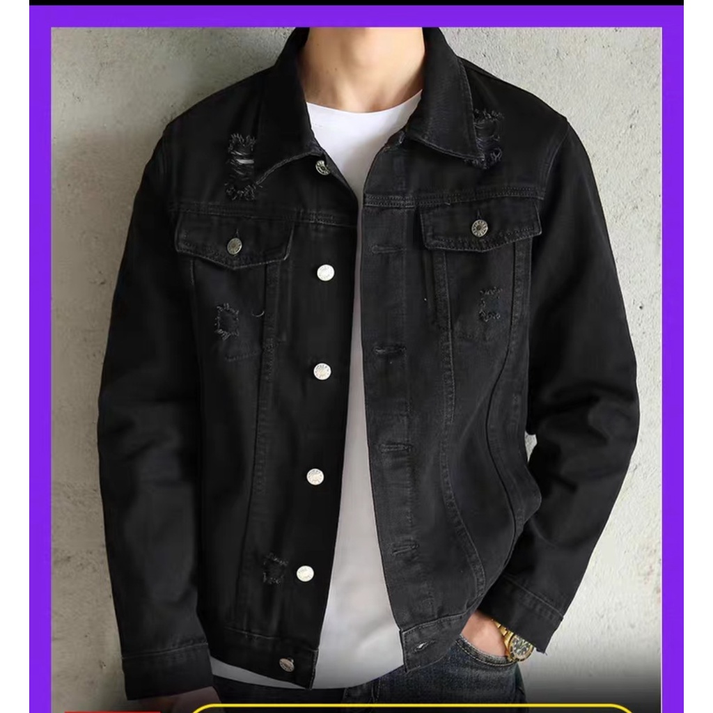 Áo khoác jean đen nam trơn -rách | áo khoác nam xanh form rộng mẫu trơn rách bigsize 40-85kg Mata Sport