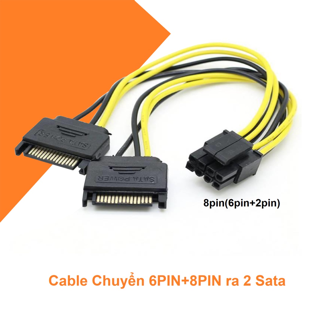 Cáp chuyển và chia nguồn 2 đầu SATA sang 8 PIN 6+2 (2 SATA ra 8PIN tách thành 6 PIN) 20Cm
