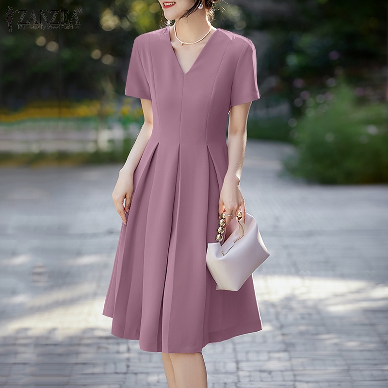 Đầm ZANZEA ngắn tay cổ chữ V xếp ly lưng cao vừa phối khóa kéo thời trang thanh lịch cho nữ