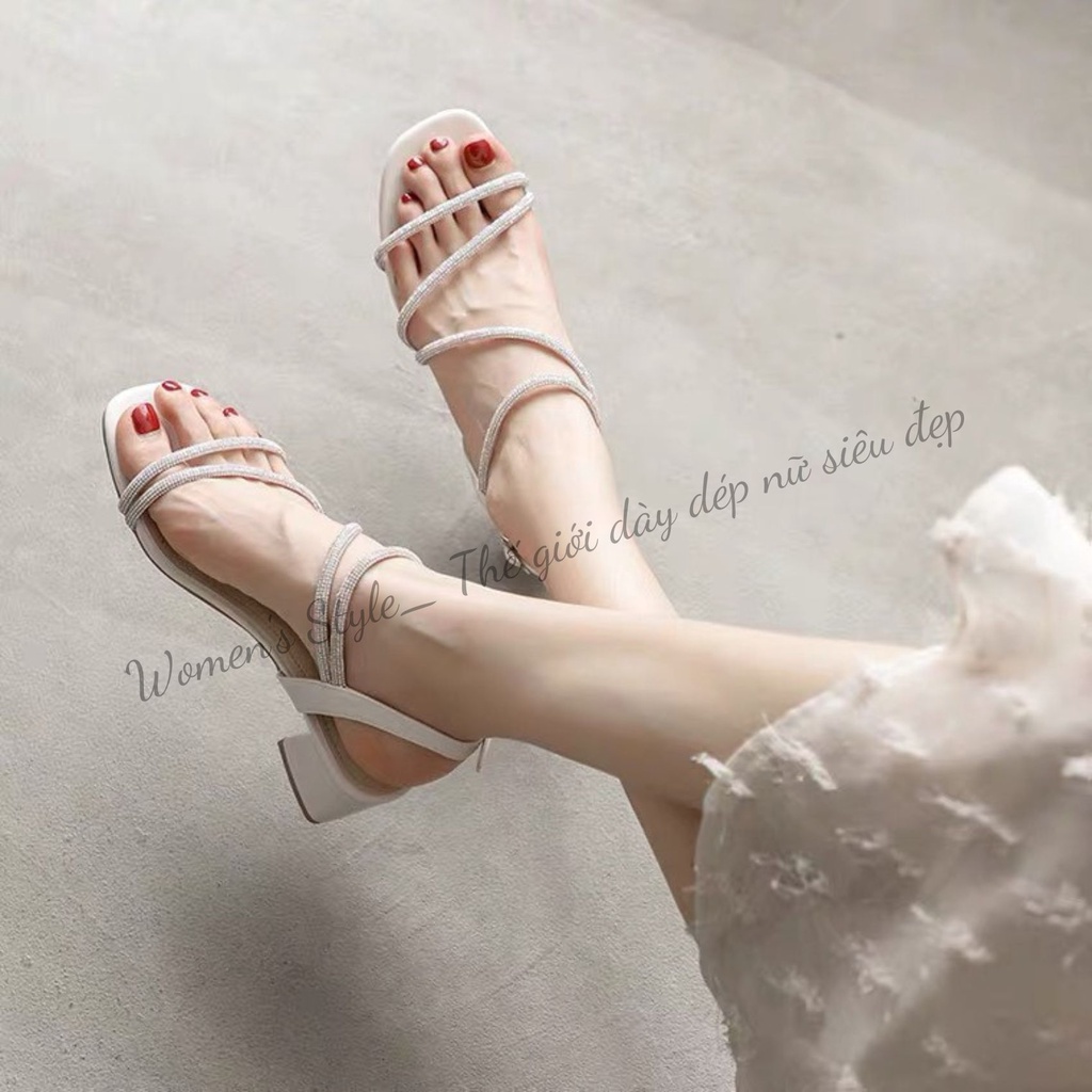 Giày cao gót 5 phân dây mảnh lấp lánh MIDUKA 2022, Sandal đế vuông Hottrend 3 màu trắng,kem, đen chuẩn size NT03