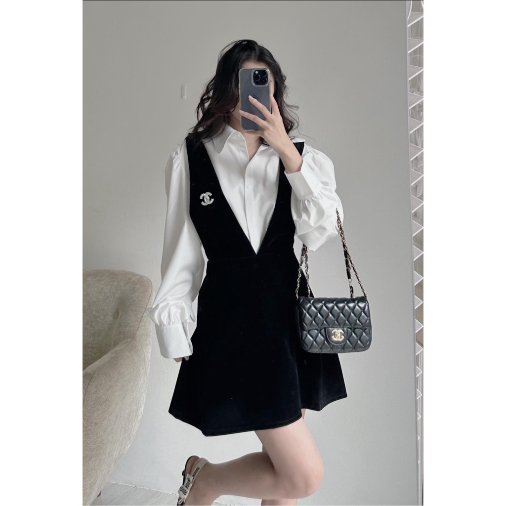 S5600 Set áo sơ mi tay bồng form rộng kèm váy yếm nhung Hàn Quốc tặng cài áo AUDREY