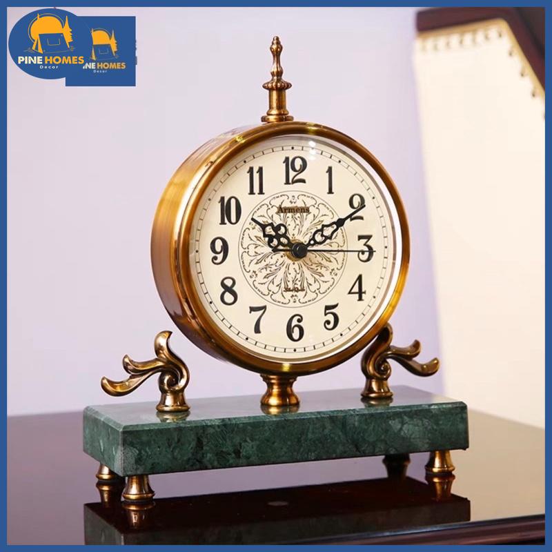 (HÀNG CÓ SẴN) Đồng Hồ Màu Đồng Có Chân Đế Đá Cẩm Thạch Xanh Decor Phòng