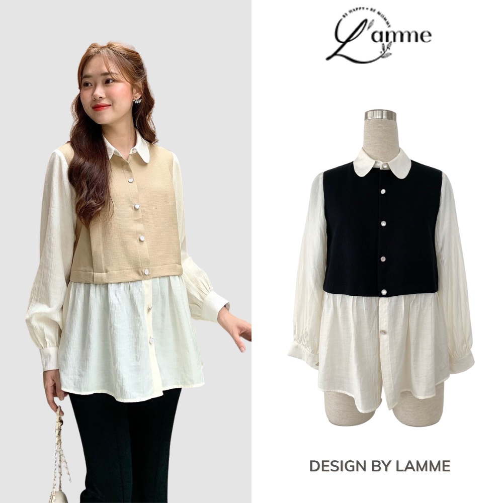 Áo bầu công sở sơ mi tay đũi phối kiểu gilê MARA SHIRT, áo bầu có khóa ti dễ dàng cho bé ti by L'amme