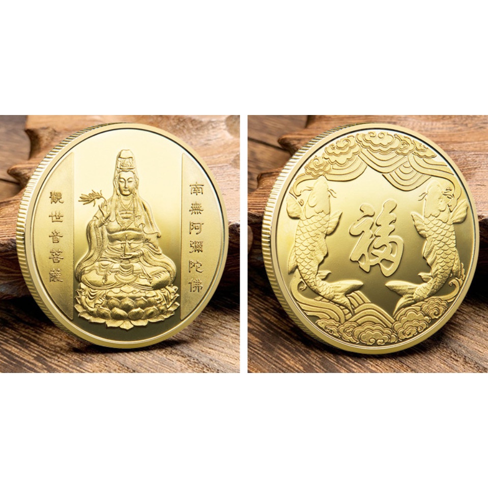 [GIÁ KM] Đồng Xu Phật Quan Âm Bình An May Mắn, tặng túi Gấm Phong Thuỷ