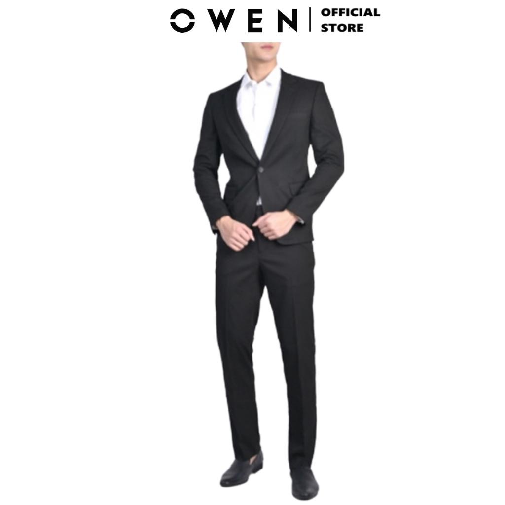 Áo Vest Bộ Suit Comple Veston Công Sở Nam Owen VES220959 Màu Đen Trơn Vải Polyester Cao Cấp Dáng Suông 1 Cúc Tà Xẻ Hông