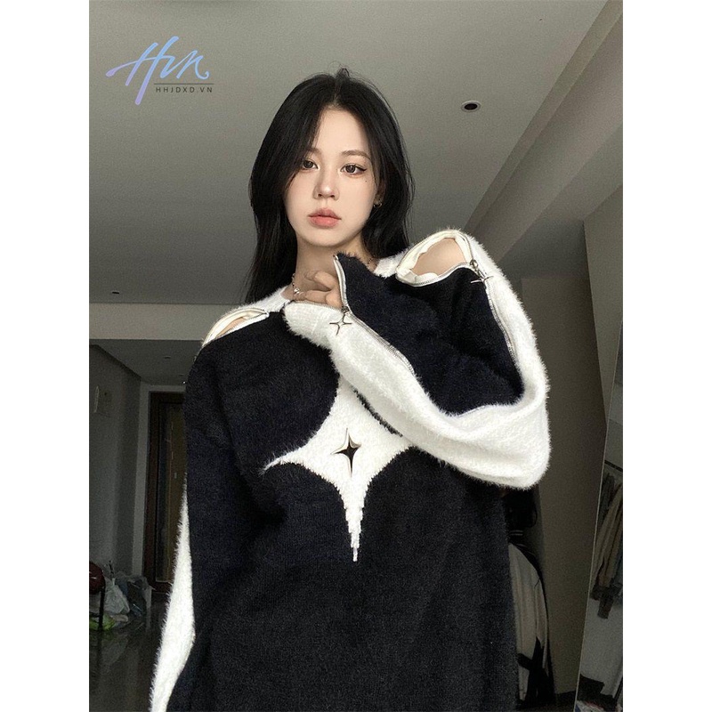 Áo Sweater Không Dây Phối Lông Màu Sắc Tương Phản Phong Cách Mỹ Cho Nữ