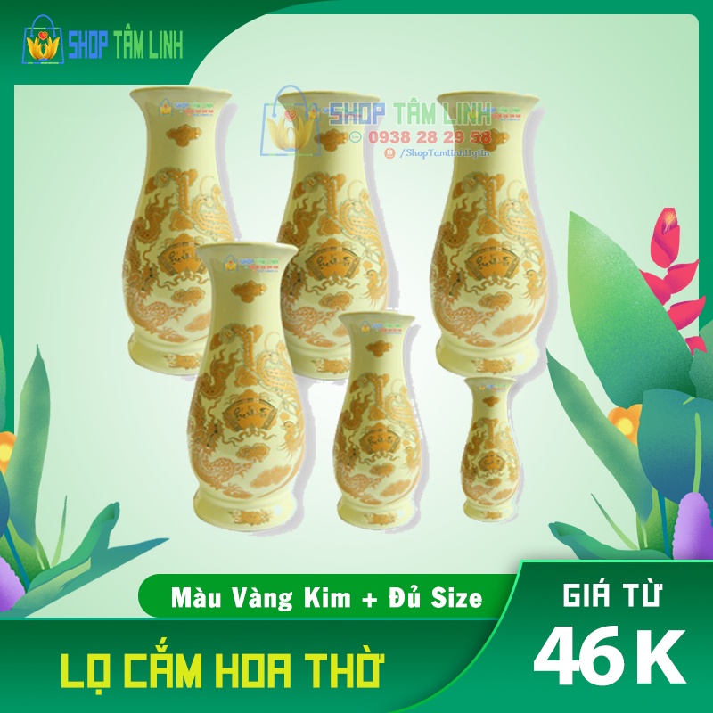 Lọ hoa, lọ huệ đồ thờ cúng gốm sứ Bát Tràng mạ vàng màu ngà trang trọng linh thiêng Shoptamlinh
