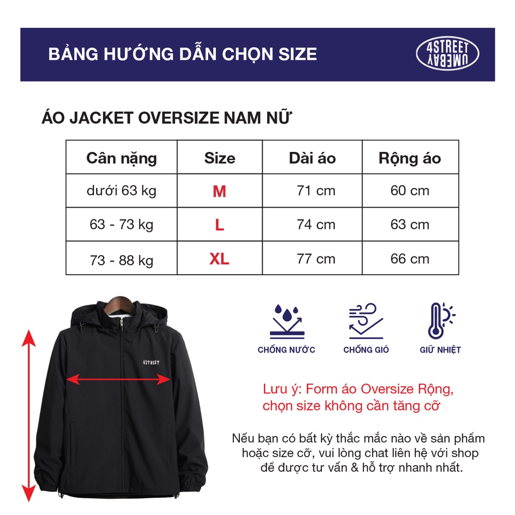 Áo khoác gió 2 lớp nam nữ chống nước 4Street by Umebay, jacket vải dù mũ có khóa tháo rời 4ST-JK01