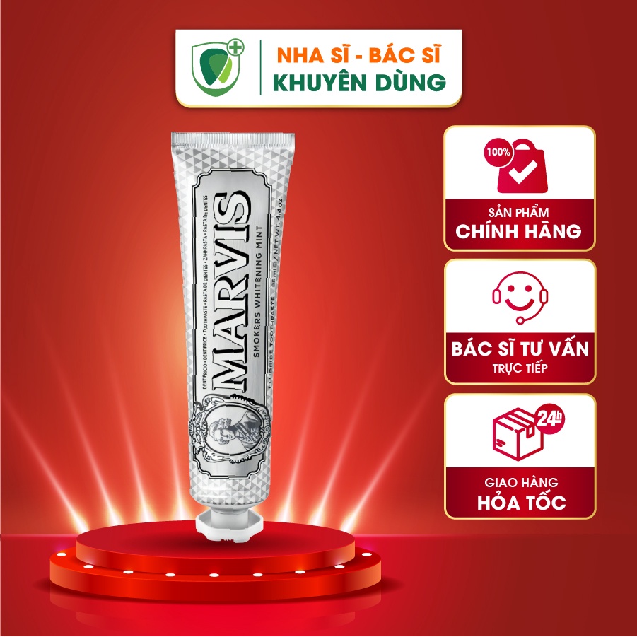 Kem đánh răng Marvis Smoker Whitening Mint, Ngăn ngừa Hôi miệng, Trắng sáng tự nhiên, Nhập khẩu từ Italia, Tuýp 85ml