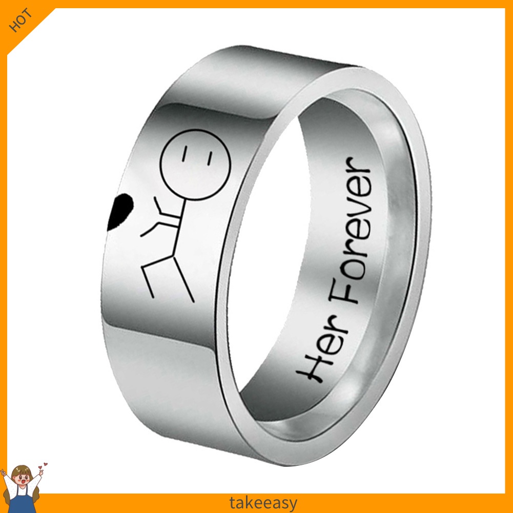 Nhẫn cặp đôi bằng thép không gỉ họa tiết hoạt hình chữ Her Forever/ His Always
