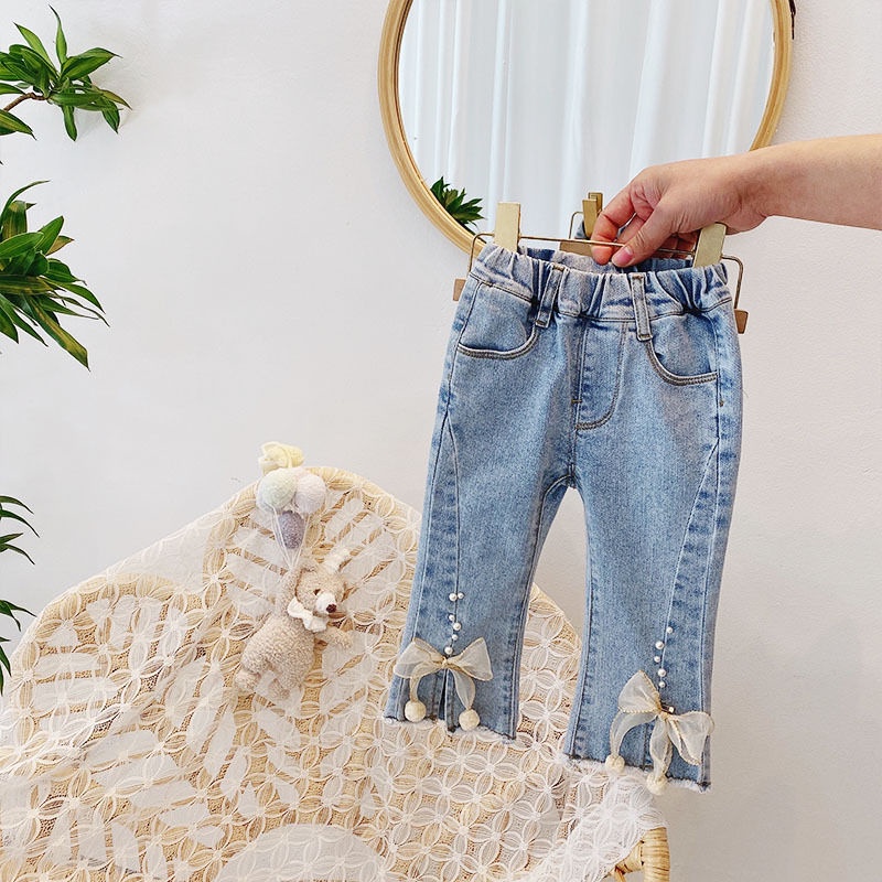 Quần Jean Ống Rộng Thoải Mái Đính Ngọc Trai Dễ Giặt Phong Cách Hàn Quốc