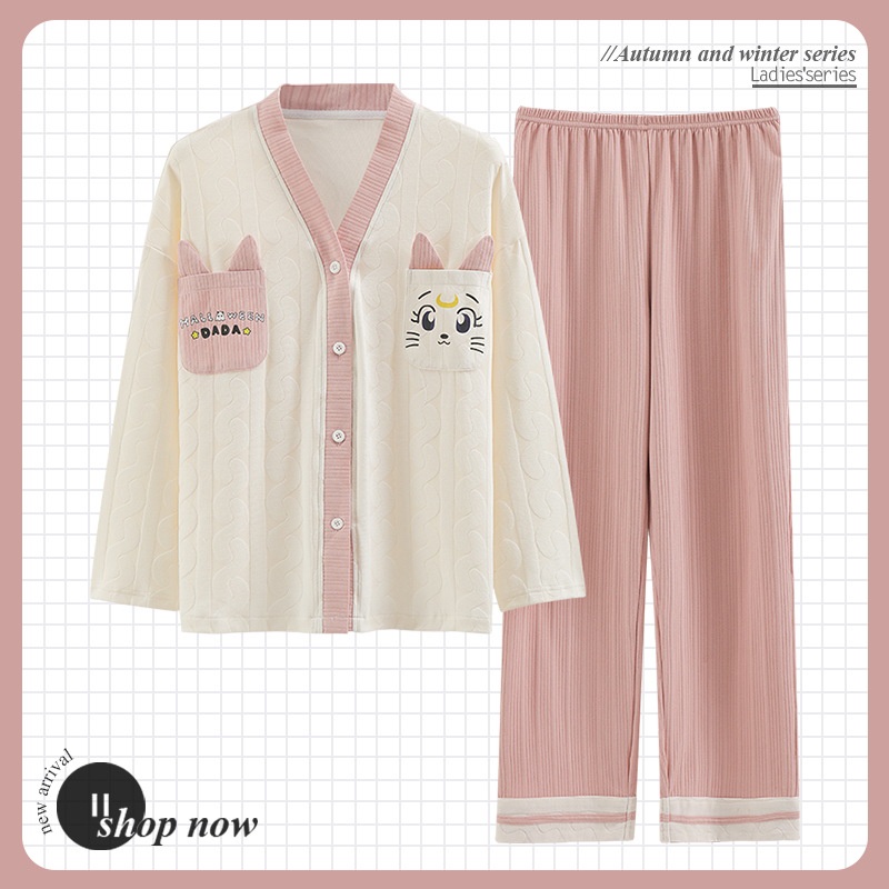 Bộ Đồ Ngủ Tay Dài Cổ Chữ V In Hoạt Hình Phong Cách Kimono Hàn Quốc Thời Trang Xuân Thu 2022