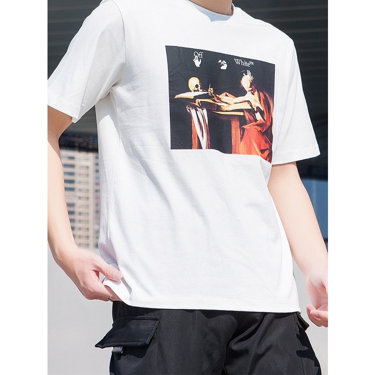 Áo Thun Off White Tay Ngắn Cổ Tròn In Hình Tranh Sơn Dầu Thời Trang Cá Tính Cho Nam Nữ