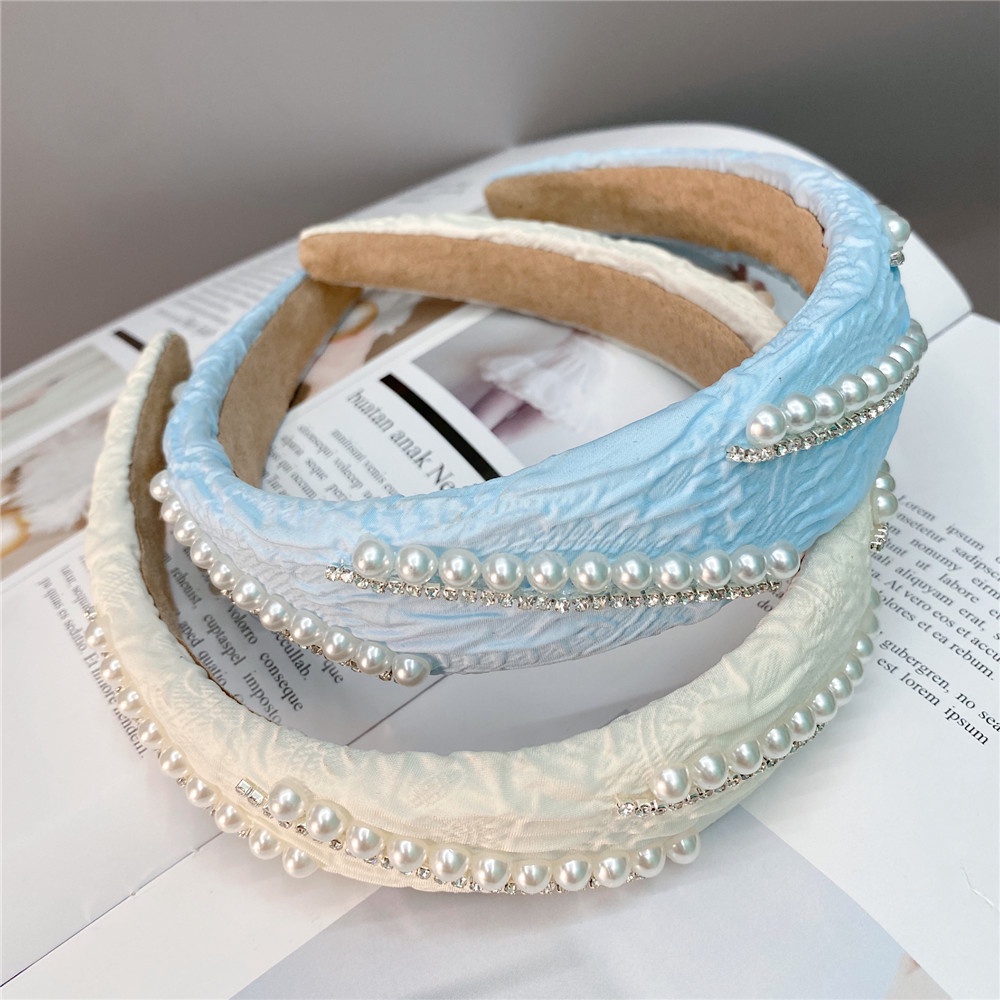 Băng Đô Cài Tóc Bản Rộng Viền Xốp Đính Hạt Ngọc Trai Dễ Thương Cho Bé Gái