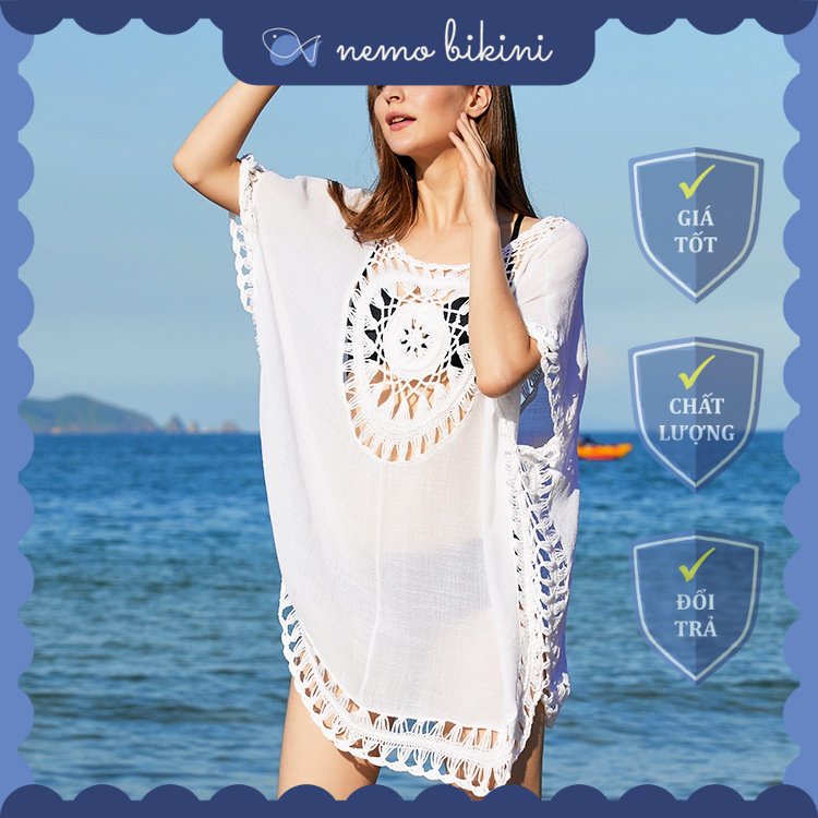 Áo choàng đi biển, áo khoác đi biển dáng lỡ vải tơ mềm phối dây lưới AC5 Nemo Bikini