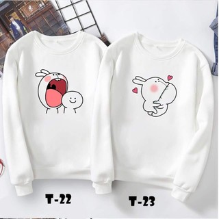 Áo đôi thu đông màu trắng in họa tiết ngộ nghĩnh, đồ đôi nam nữ sweater phong cách Hà Quốc