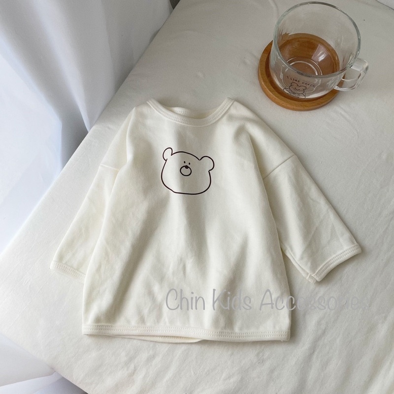 Áo vai trễ in gấu trơn vải cotton pc dày dặn cho bé