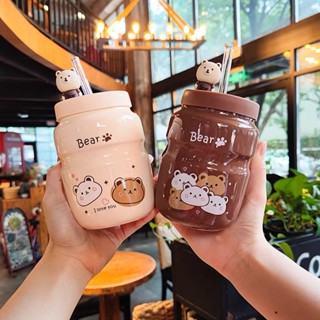  Cốc sứ cao cấp hoạ tiết gấu hoạt hình cute có kèm nắp silicon và ống hút thuỷ tinh 