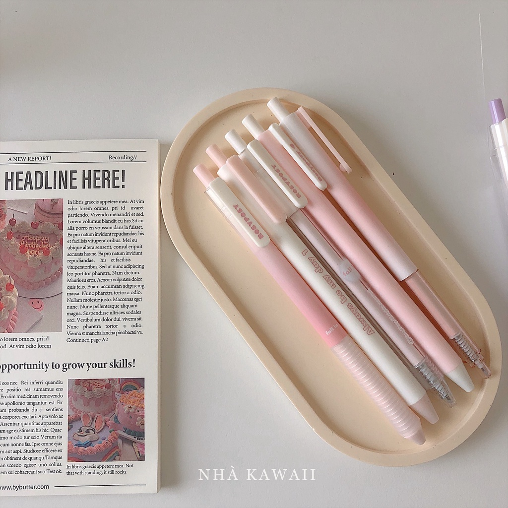 Set bút gel đen Rosy Posy phong cách Hàn Quốc theo tone màu xinh xắn