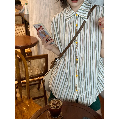 Áo sơ mi SUXI tay ngắn dáng rộng họa tiết kẻ sọc phong cách cổ điển thời trang mùa hè cho nữ