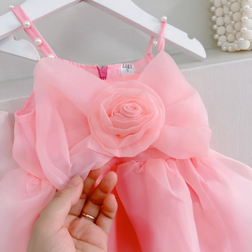 Váy công chúa cho bé gái kiểu 2 dây nơ to từ sơ sinh đến 3 tuổi