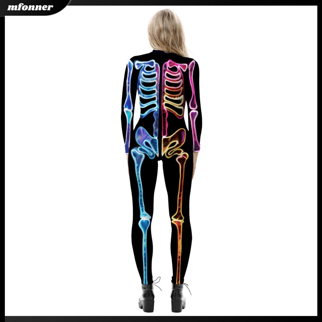 Bộ Áo Liền Quần Dài Tay In Hình Bộ Xương 3d Nhiều Màu Sắc Hóa Trang Halloween
