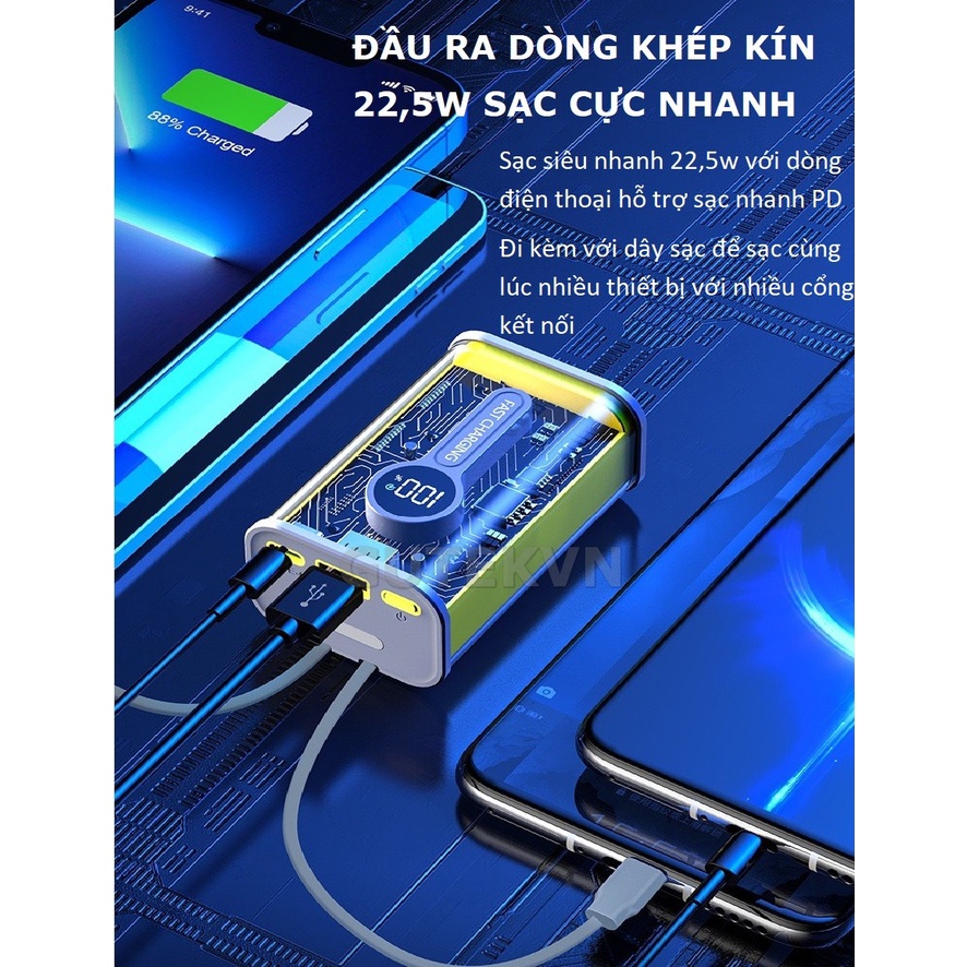 Sạc dự phòng Gutek GB35 sạt nhanh 22,5w Pin 15000mah vỏ trong suốt tích hợp cáp sạc điện thoại