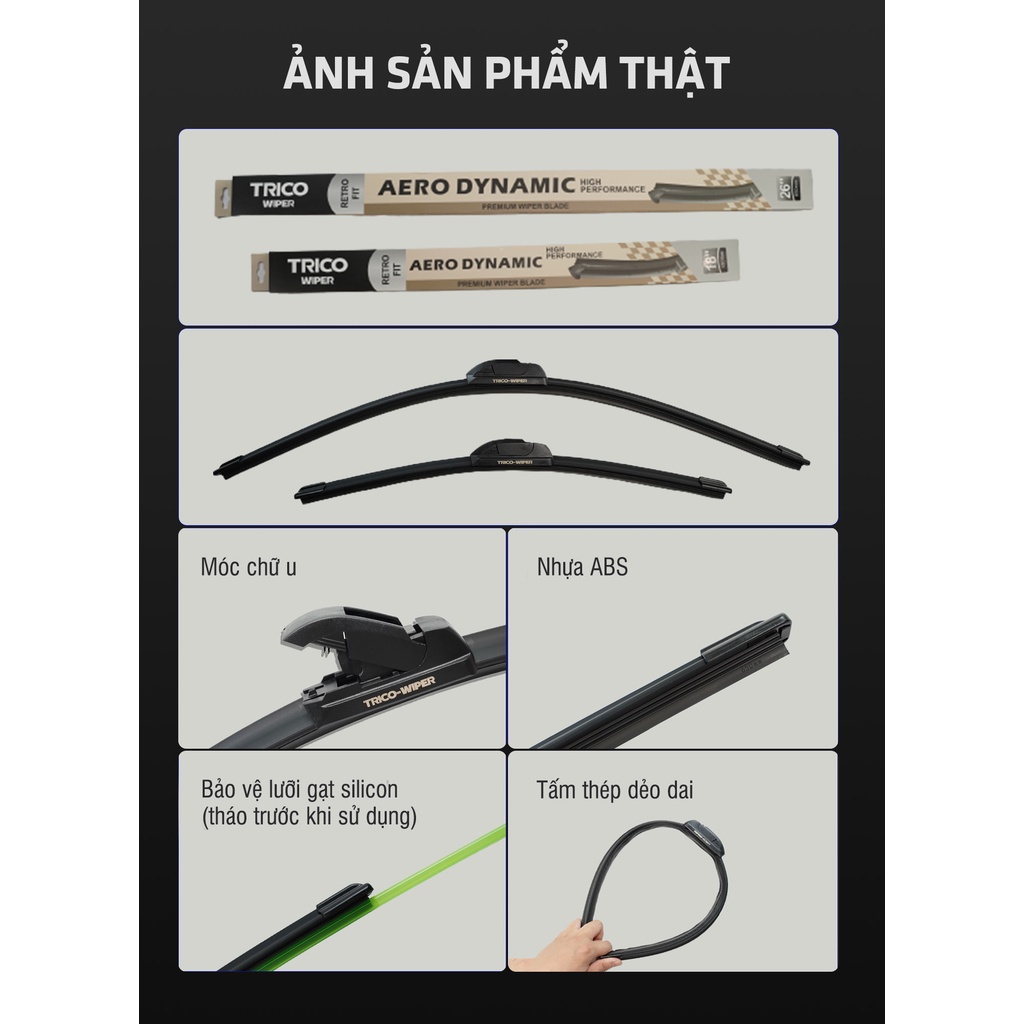 Gạt mưa ô tô TOYOTA, Cần gạt mưa TRICO Silicone không xương thân mềm cho xe Cross, Camry, Vios, Altis, Yaris, Fortuner