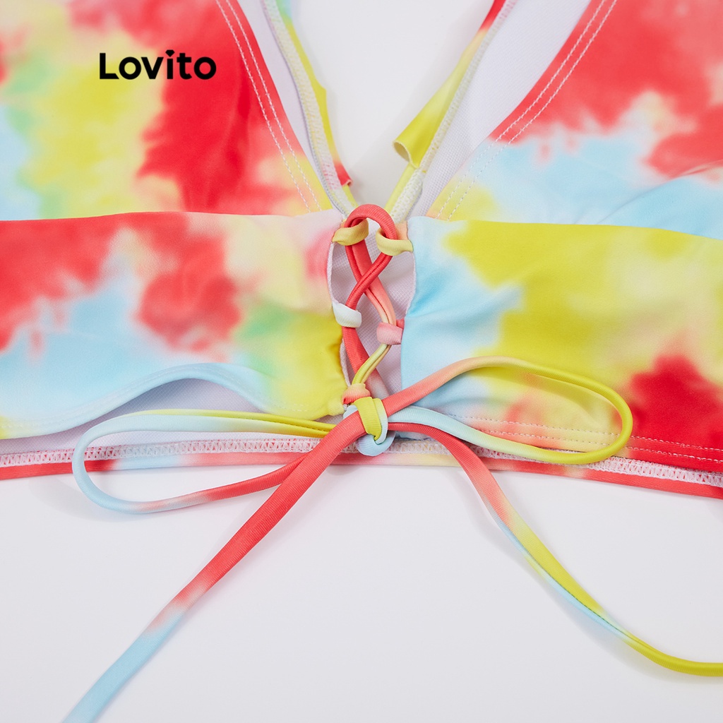 Set Bikini LOVITO dây thắt viền xếp ly họa tiết nhuộm màu loang phong cách boho các miếng đệm có thể tháo rời L18X383 (Màu vàng)