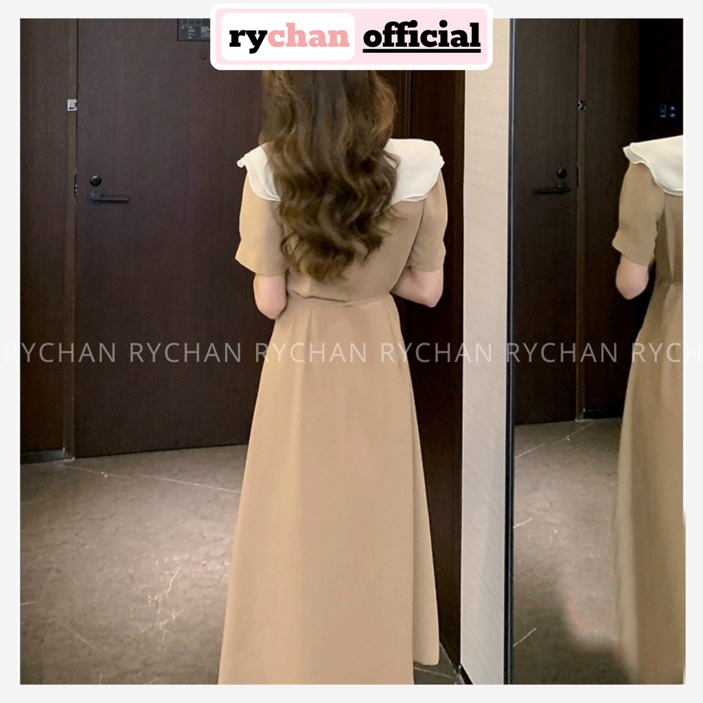 Đầm Nữ Thiết Kế Dáng Dài Nút Bọc Eo Thắt Nơ Sành Điệu, Đầm Màu Kem Tay Ngắn Cổ Phối Bèo Trắng Xinh Xắn-DX461