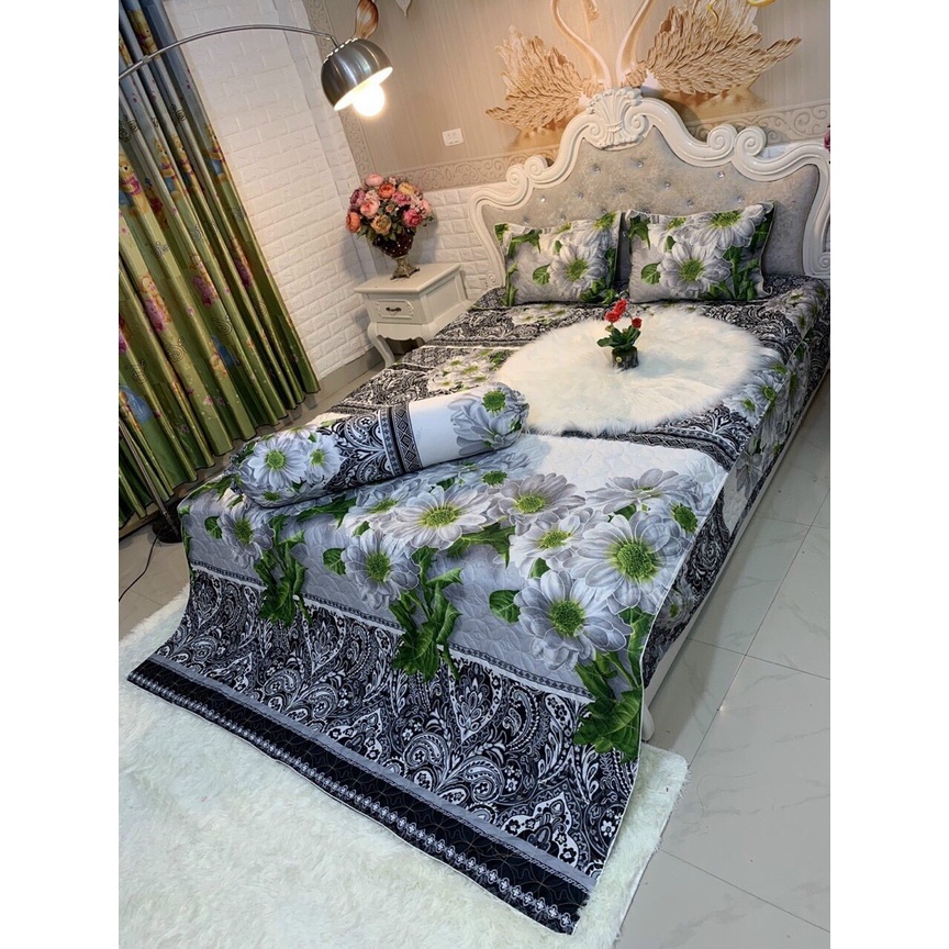 (Gì cũng rẻ) 💗 Bộ Chăn Ra Gối Trần Bông 5 món (Mền, Drap Phủ 4 Góc + 2 Vỏ Nằm Kê Đầu + bao gối ôm) mẫu Cúc đá 3D