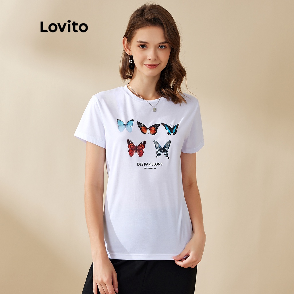 (Hàng có sẵn) Lovito Áo Thun Ngắn Tay L20D1245 Họa Tiết Con Bướm