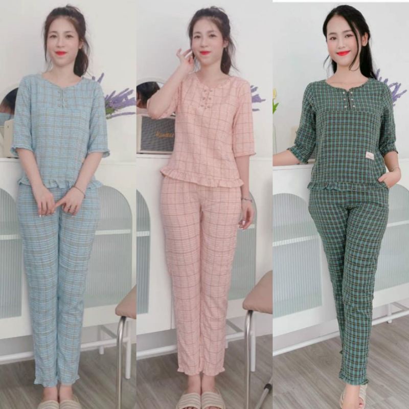 Đồ bộ mặc nhà cao cấp mẫu 6 khuy kẻ nhí không nhăn nhàu
