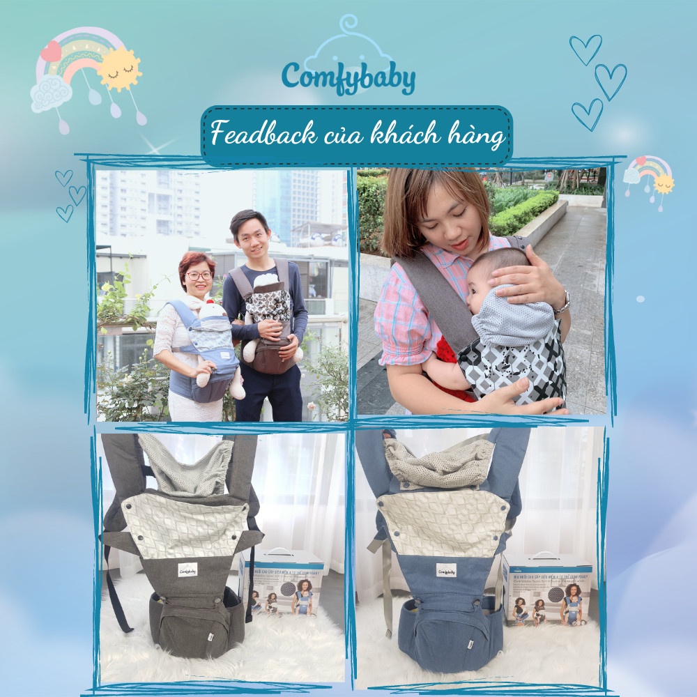 Địu ngồi trẻ em cao cấp Air mesh - siêu mềm thoáng khí 4 tư thế Comfybaby HC003 cho bé từ sơ sinh trở lên có mũ đỡ đầu